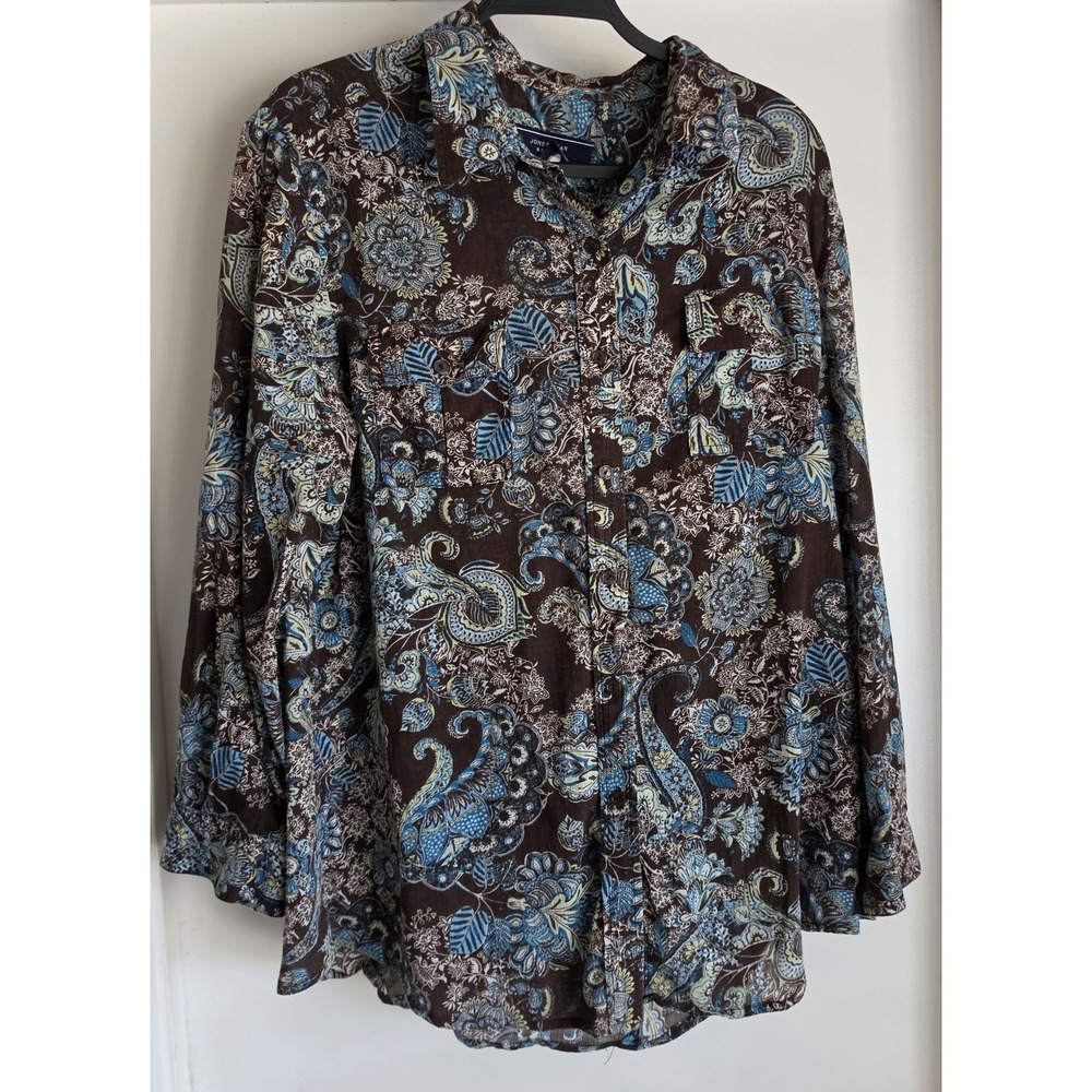 VTG Jones Wear Sport Women XL Cotton Paisley Collared Blouse Brown Blue Boho Top